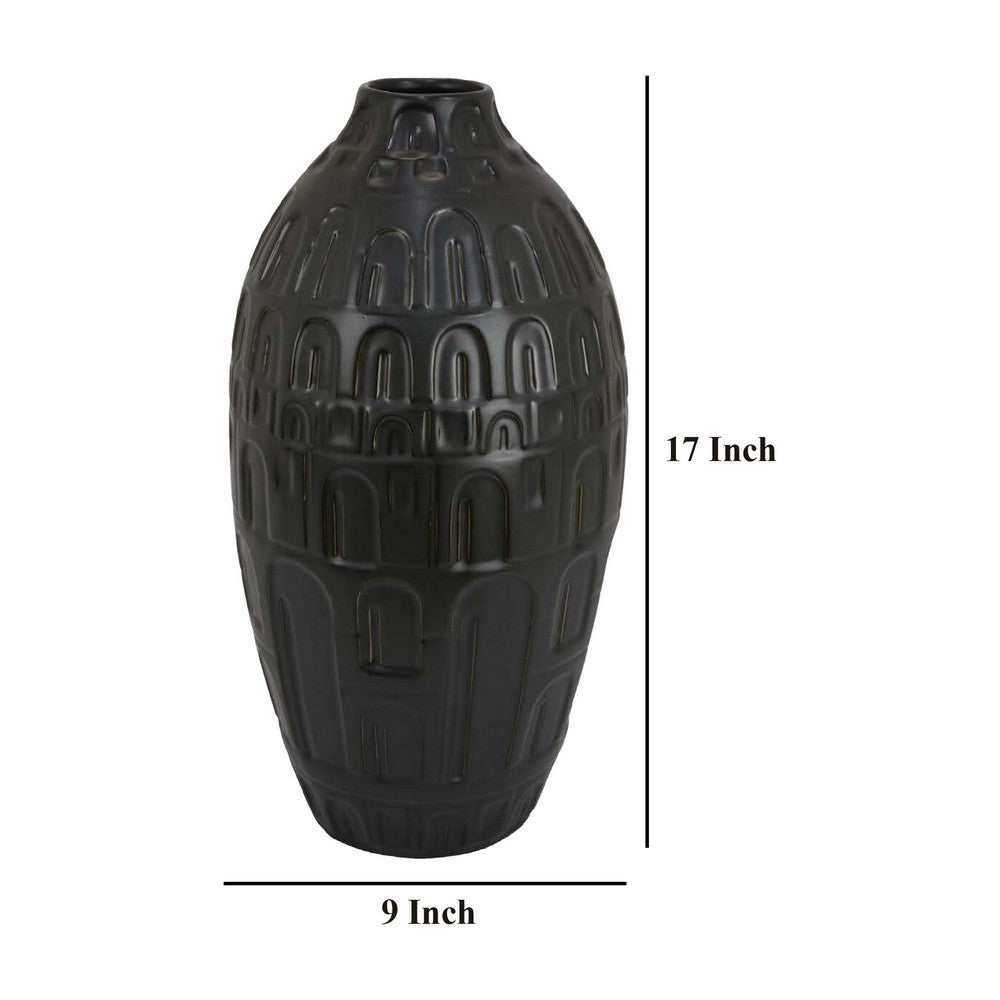 Sheena Vase, Black Ceramic, Narrow Mouth and Embossed Pattern, 17 Inch -BM331089