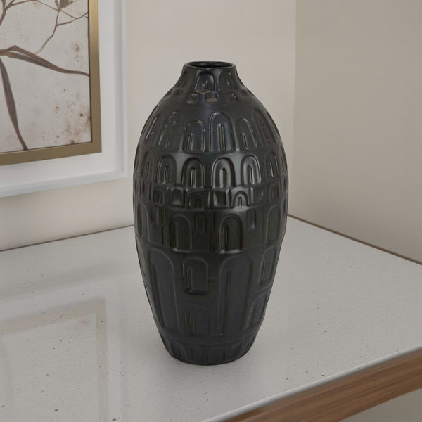 Sheena Vase, Black Ceramic, Narrow Mouth and Embossed Pattern, 17 Inch -BM331089