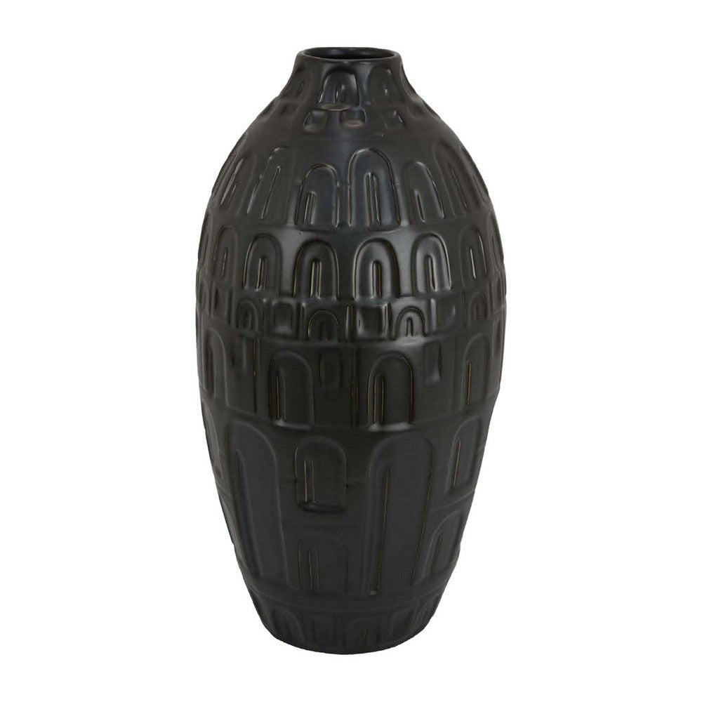 Sheena Vase, Black Ceramic, Narrow Mouth and Embossed Pattern, 17 Inch -BM331089
