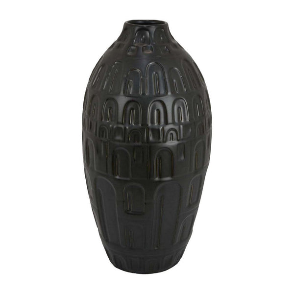 Sheena Vase, Black Ceramic, Narrow Mouth and Embossed Pattern, 17 Inch -BM331089