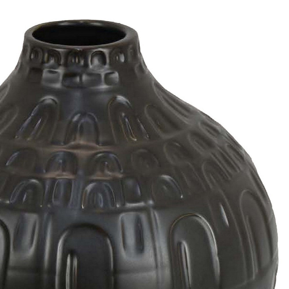 Sheena Vase, Black Ceramic, Narrow Mouth and Embossed Pattern, 10 Inch -BM331090