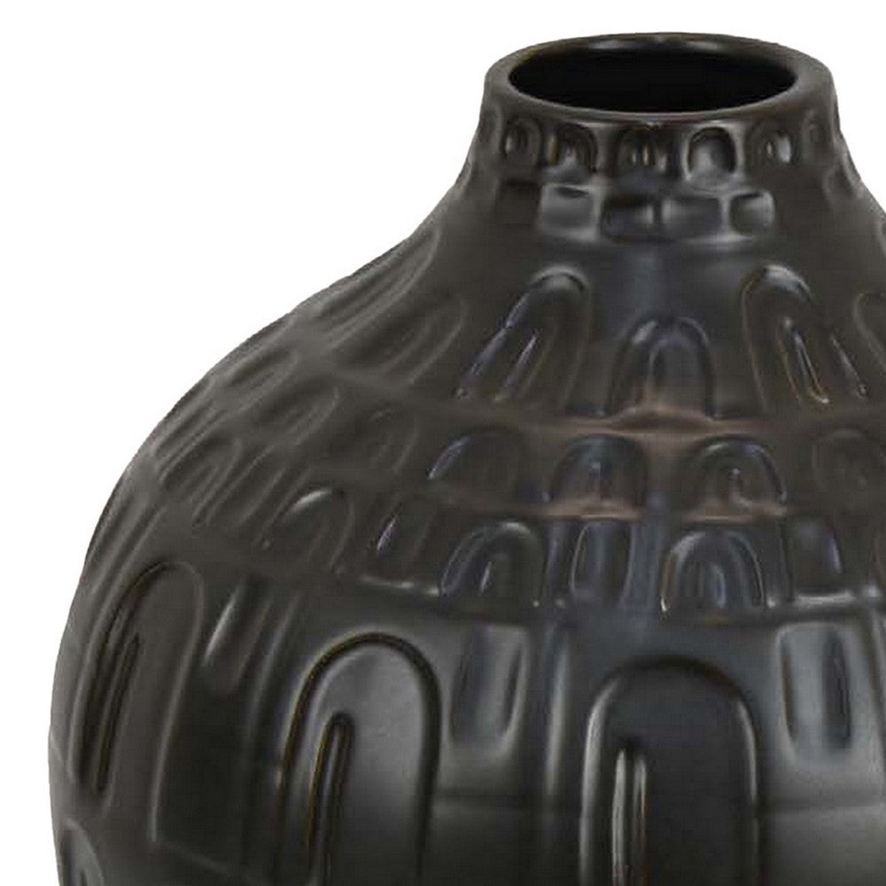 Sheena Vase, Black Ceramic, Narrow Mouth and Embossed Pattern, 10 Inch -BM331090