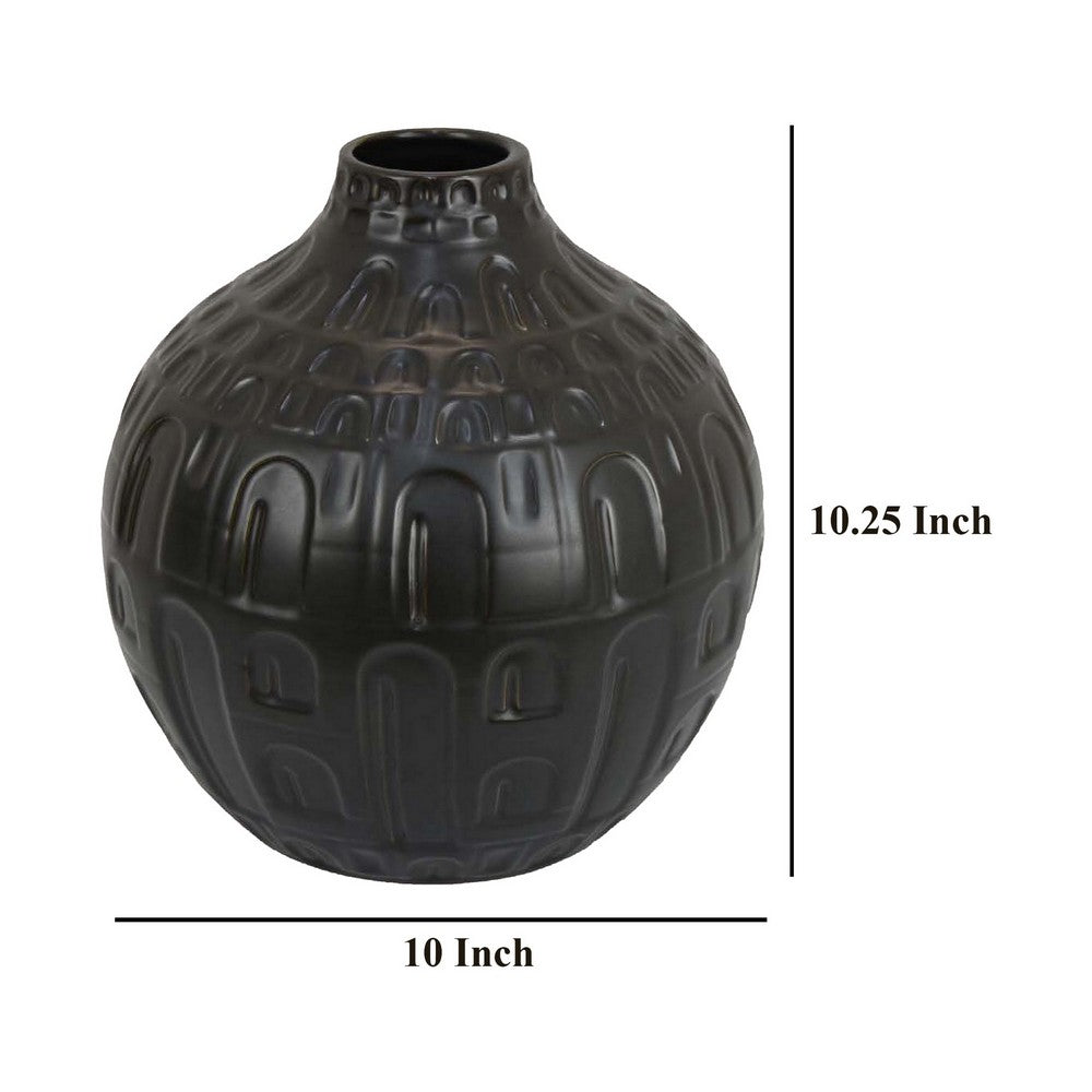 Sheena Vase, Black Ceramic, Narrow Mouth and Embossed Pattern, 10 Inch -BM331090