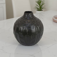Sheena Vase, Black Ceramic, Narrow Mouth and Embossed Pattern, 10 Inch -BM331090