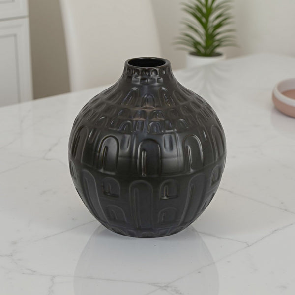 Sheena Vase, Black Ceramic, Narrow Mouth and Embossed Pattern, 10 Inch -BM331090