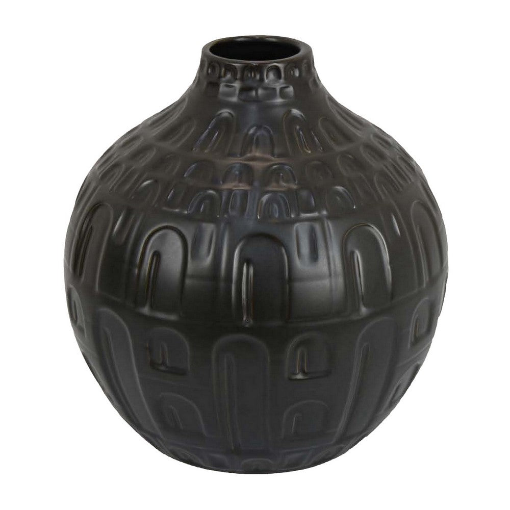 Sheena Vase, Black Ceramic, Narrow Mouth and Embossed Pattern, 10 Inch -BM331090