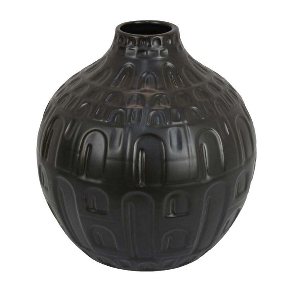 Sheena Vase, Black Ceramic, Narrow Mouth and Embossed Pattern, 10 Inch -BM331090