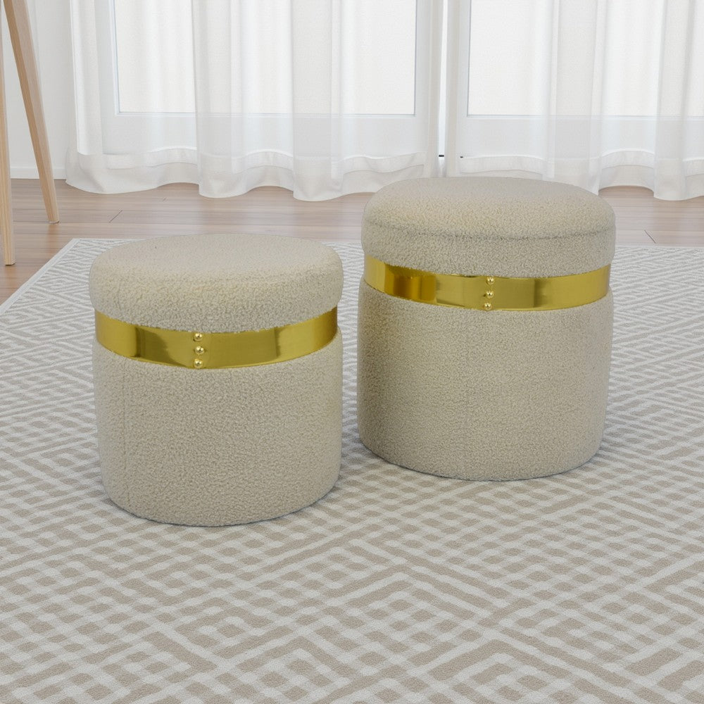 Akasa Ottoman with Storage Set of 2, Tan Brown Fabric with Gold Trim -BM331097