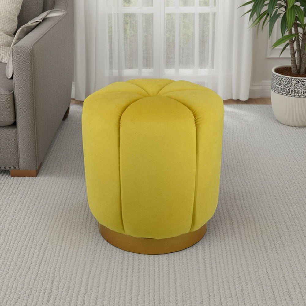 Sylvie Round Ottoman Stool, Yellow Velvet, Gold Metal Base, 19 Inch -BM331098
