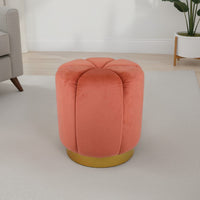 Sylvie Round Ottoman Stool, Soft Red Velvet, Gold Metal Base, 19 Inch -BM331099