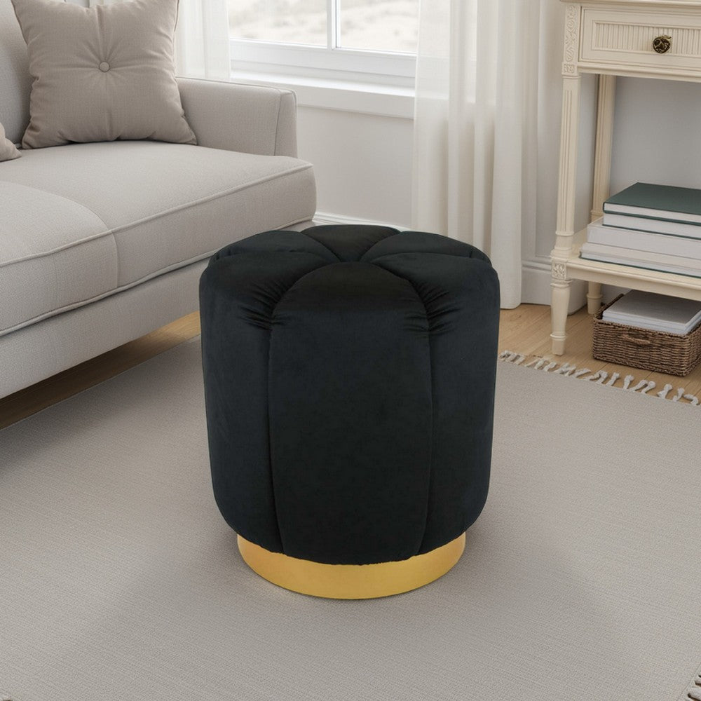 19 Inch Sylvie Round Ottoman Stool, Soft Black Velvet, Gold Metal Base -BM331100