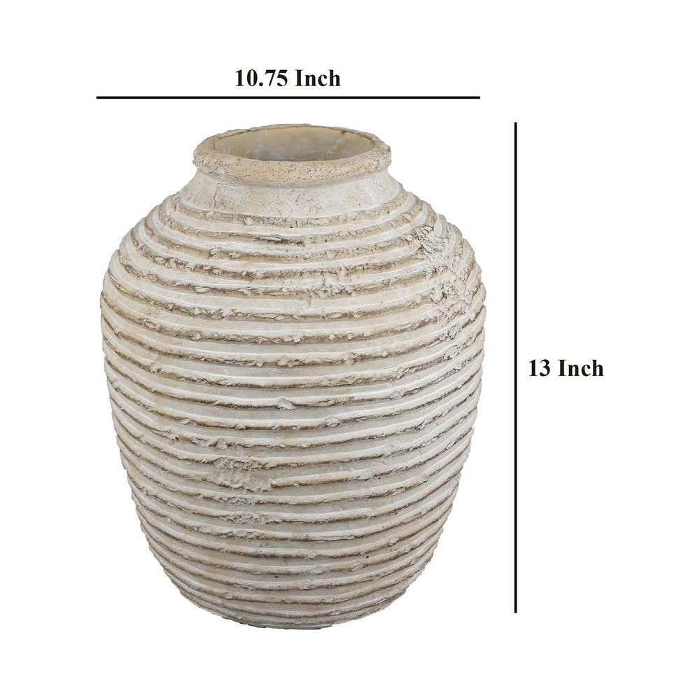 Lezlee Accent Planter, Beige Terracotta, Ridged Textured Urn, 13 Inch -BM331121