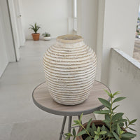 Lezlee Accent Planter, Beige Terracotta, Ridged Textured Urn, 13 Inch -BM331121