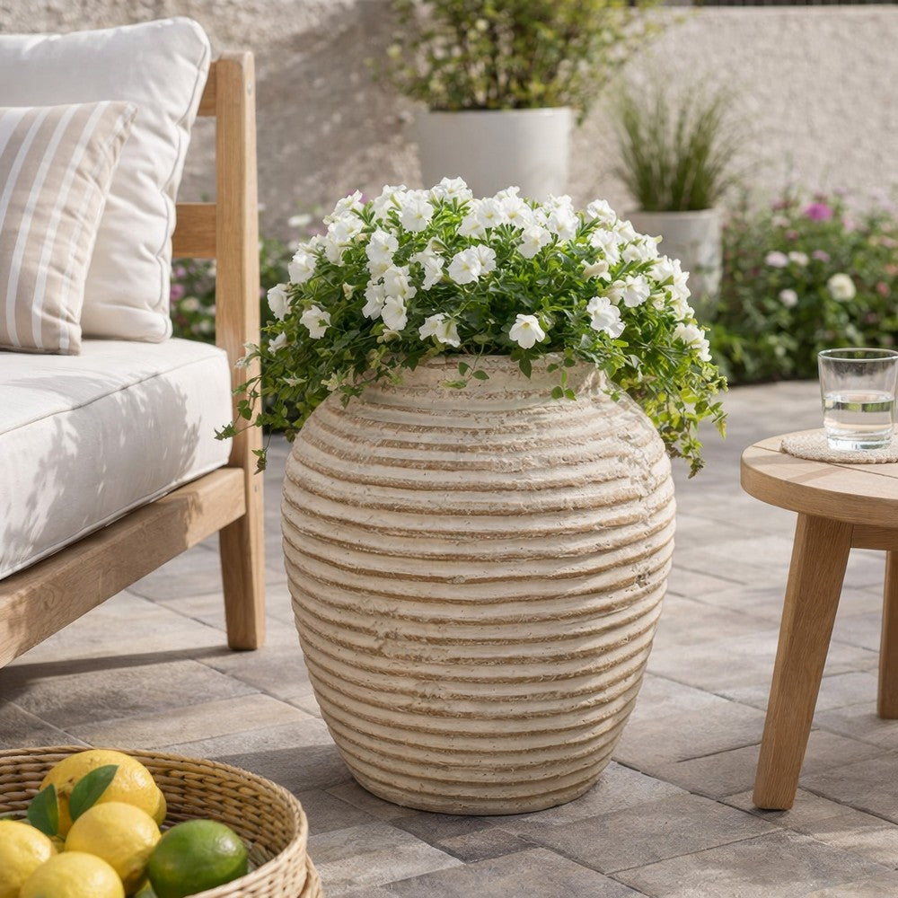 Lezlee Accent Planter, Beige Terracotta, Ridged Textured Urn, 13 Inch -BM331121