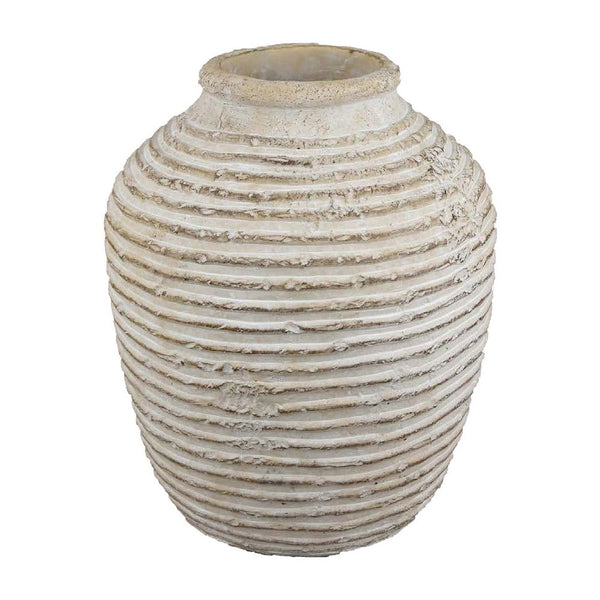 Lezlee Accent Planter, Beige Terracotta, Ridged Textured Urn, 13 Inch -BM331121