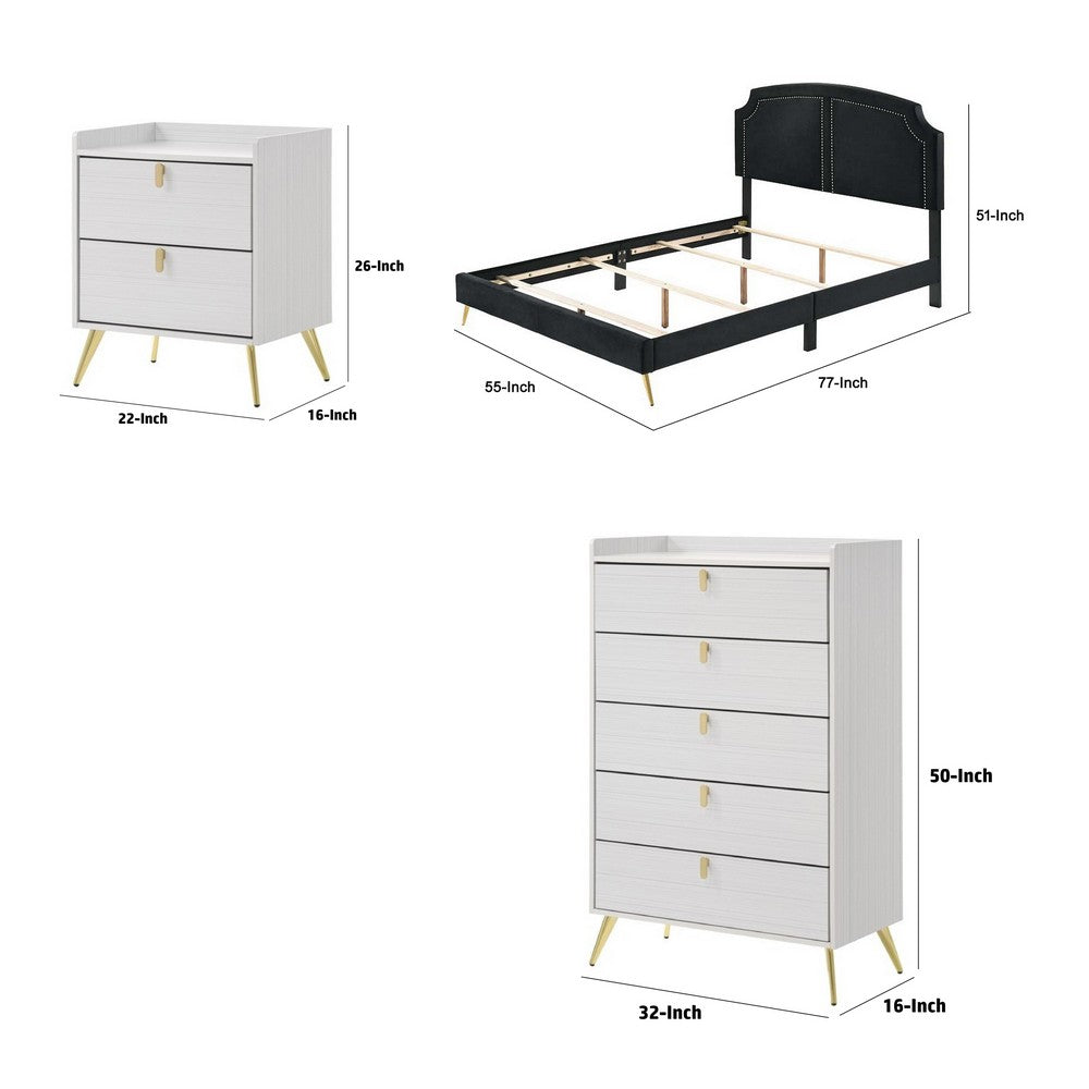 Mo Three Piece Full Size Bedroom Set, Gold Metal Oval Handles, Contemporary Black White - BM331134