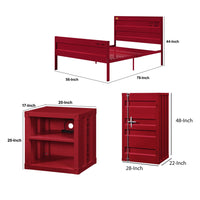 Dua Three Pc Full Bedroom Set, Recessed Panel Pattern, Industrial Style, Red Metal - BM331140