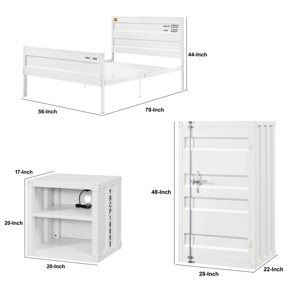 Dua Three Pc Full Bedroom Set, Recessed Panel Pattern, Industrial Style, White Metal - BM331141