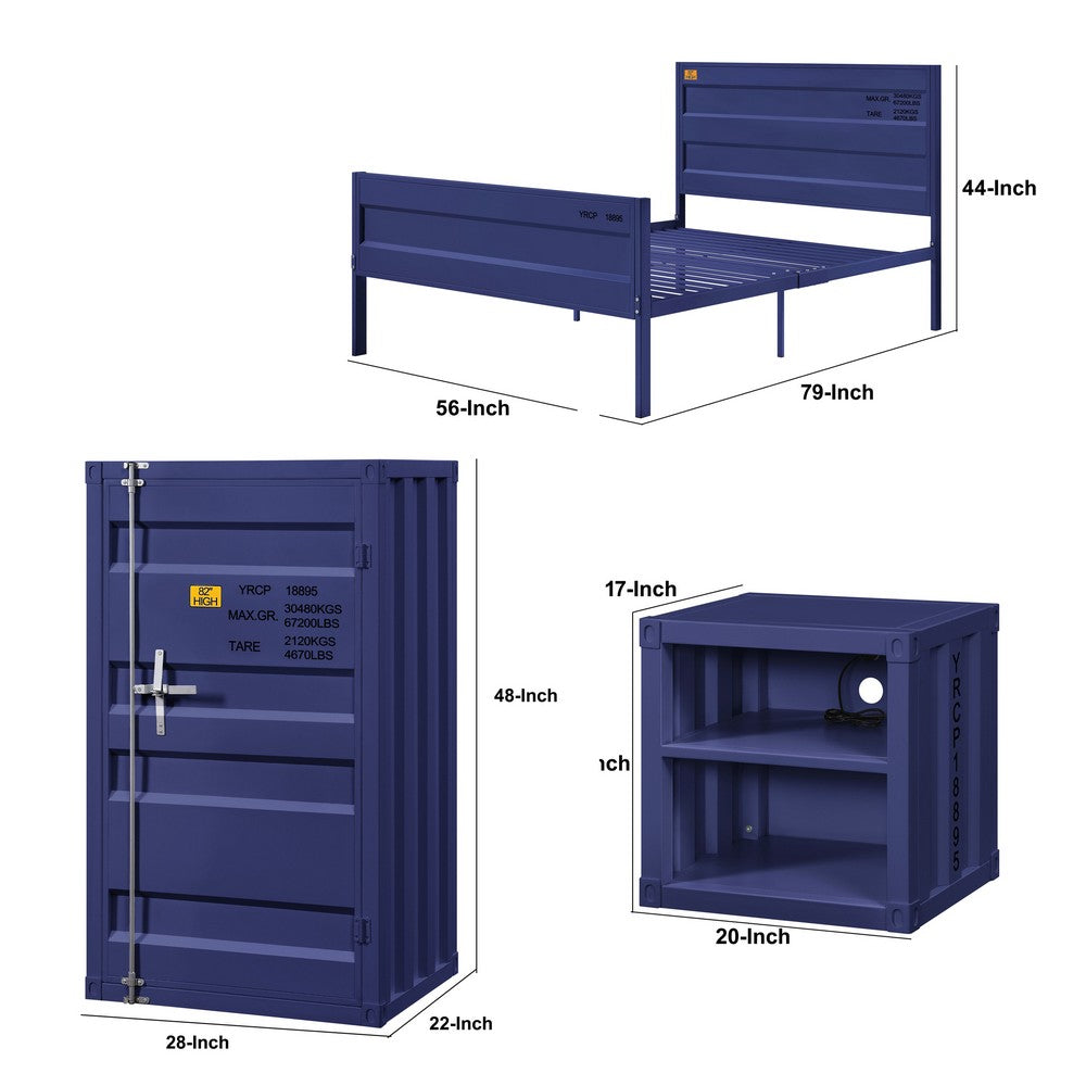 Dua Three Pc Full Bedroom Set, Recessed Panel Pattern, Industrial Style, Blue Metal - BM331142