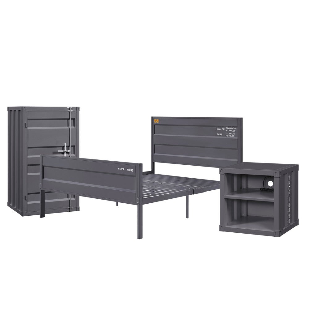 Dua Three Pc Full Bedroom Set, Recessed Panel Pattern, Industrial Style, Gray Metal - BM331143
