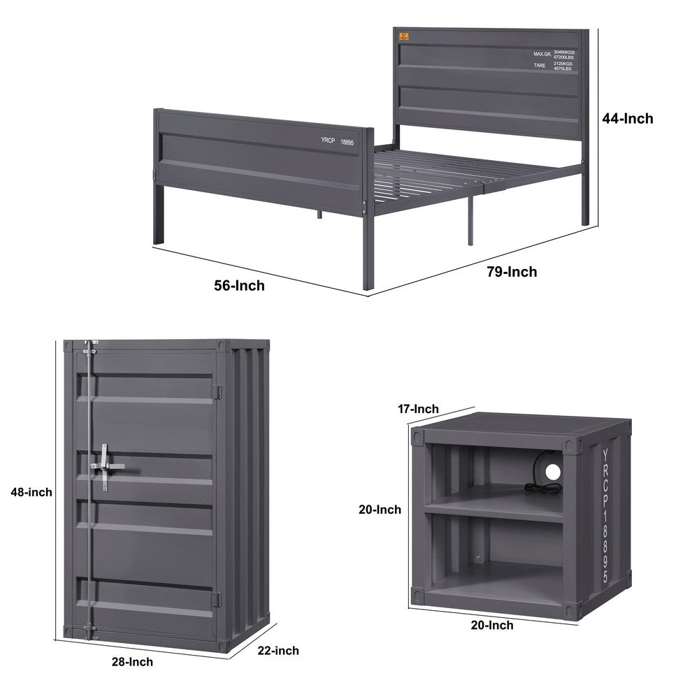Dua Three Pc Full Bedroom Set, Recessed Panel Pattern, Industrial Style, Gray Metal - BM331143