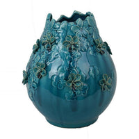 Remi Flower Vase, Decorative Aqua Blue Ceramic w Floral Motifs 11 Inch -BM331346