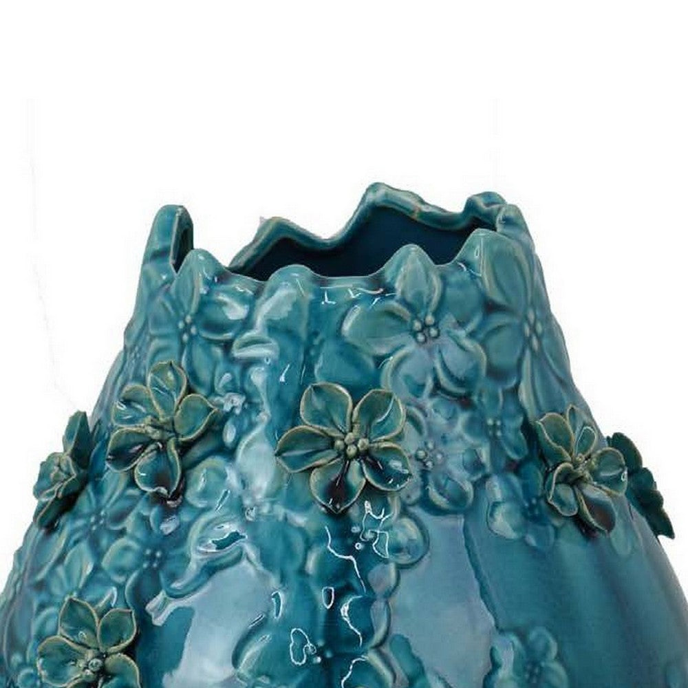 Remi Flower Vase, Decorative Aqua Blue Ceramic w Floral Motifs 11 Inch -BM331346