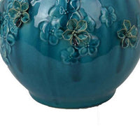 Remi Flower Vase, Decorative Aqua Blue Ceramic w Floral Motifs 11 Inch -BM331346
