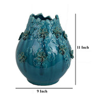 Remi Flower Vase, Decorative Aqua Blue Ceramic w Floral Motifs 11 Inch -BM331346