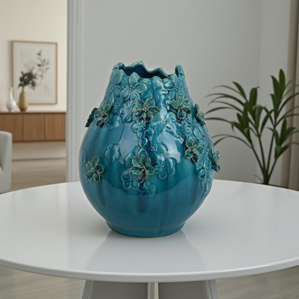 Remi Flower Vase, Decorative Aqua Blue Ceramic w Floral Motifs 11 Inch -BM331346