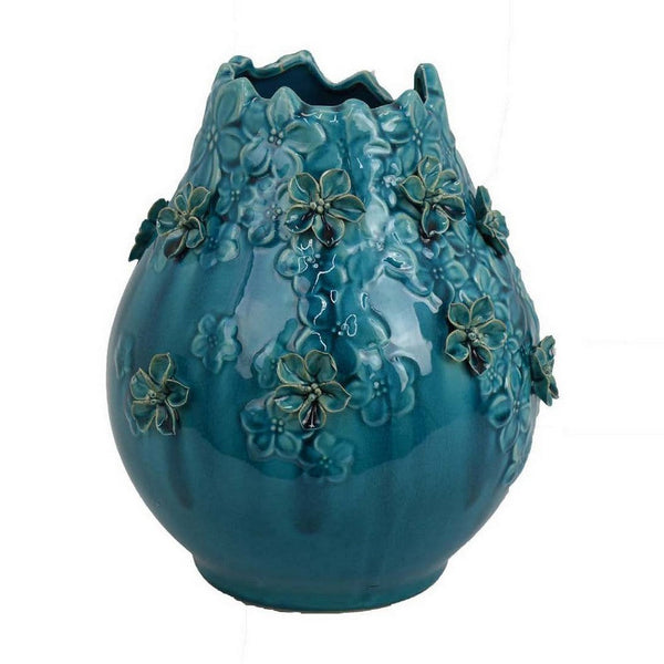 Remi Flower Vase, Decorative Aqua Blue Ceramic w Floral Motifs 11 Inch -BM331346