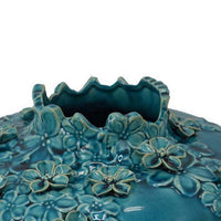Remi Flower Vase, Decorative Aqua Blue Ceramic w Floral Motifs 12 Inch -BM331347