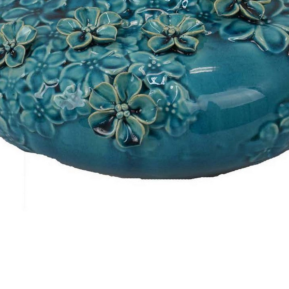 Remi Flower Vase, Decorative Aqua Blue Ceramic w Floral Motifs 12 Inch -BM331347