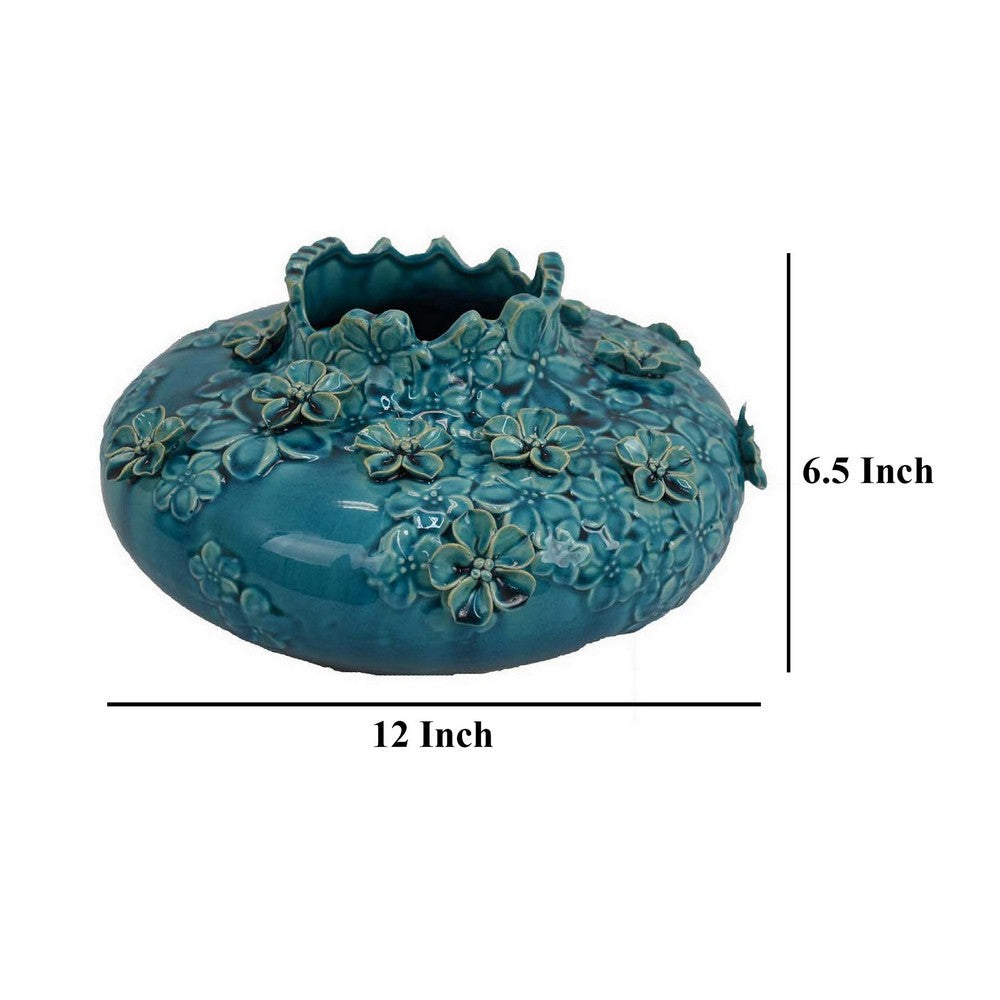 Remi Flower Vase, Decorative Aqua Blue Ceramic w Floral Motifs 12 Inch -BM331347