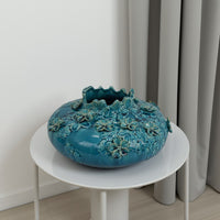 Remi Flower Vase, Decorative Aqua Blue Ceramic w Floral Motifs 12 Inch -BM331347