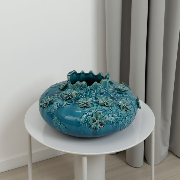 Remi Flower Vase, Decorative Aqua Blue Ceramic w Floral Motifs 12 Inch -BM331347