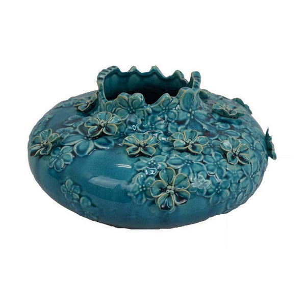 Remi Flower Vase, Decorative Aqua Blue Ceramic w Floral Motifs 12 Inch -BM331347