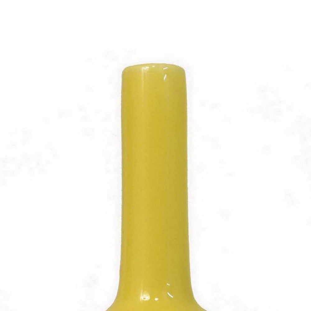 Remi Flower Vase, Narrow Neck, Yellow Ceramic w Floral Motifs, 16 Inch -BM331348
