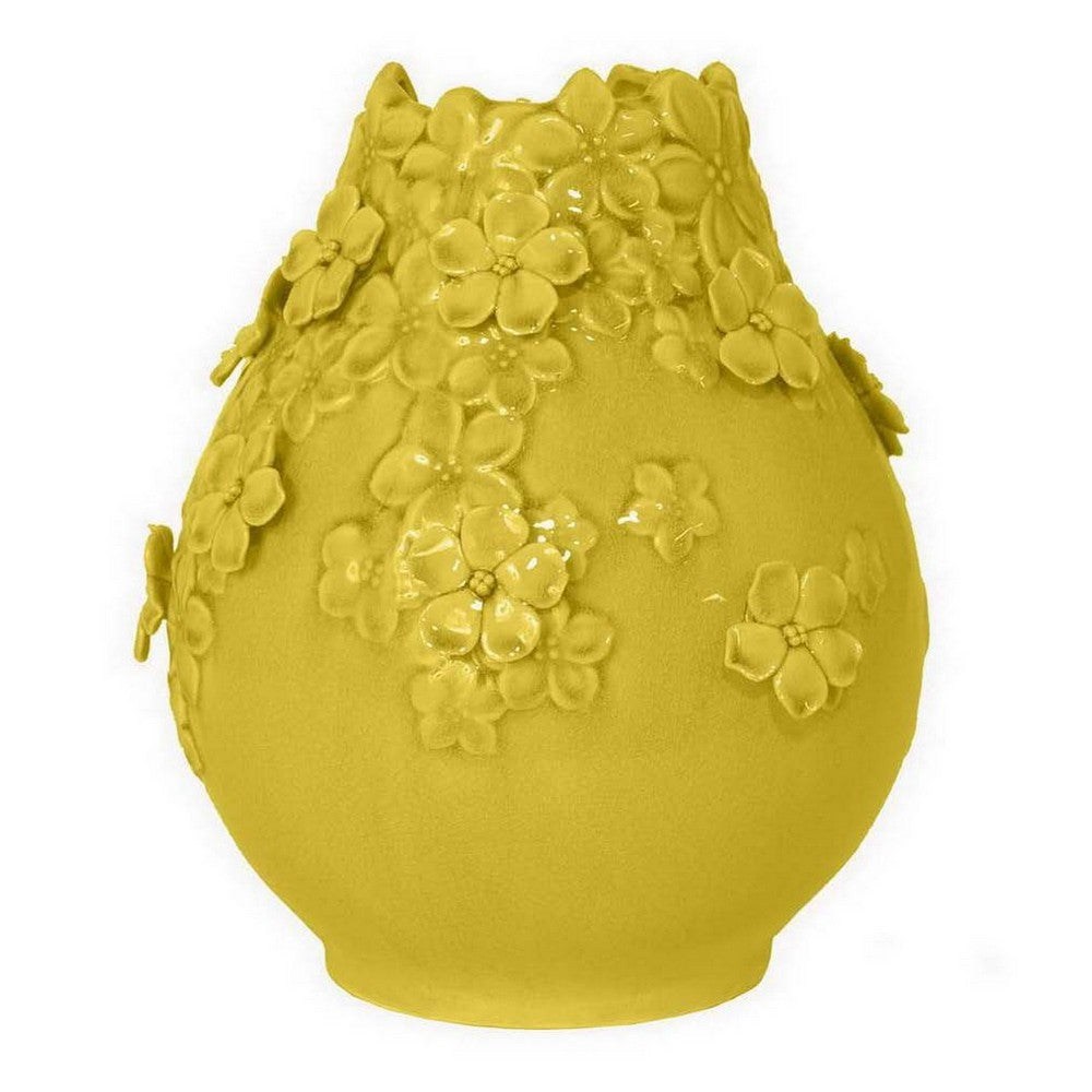 Remi Flower Vase, Decorative Yellow Ceramic w Floral Motifs, 11 Inch -BM331349