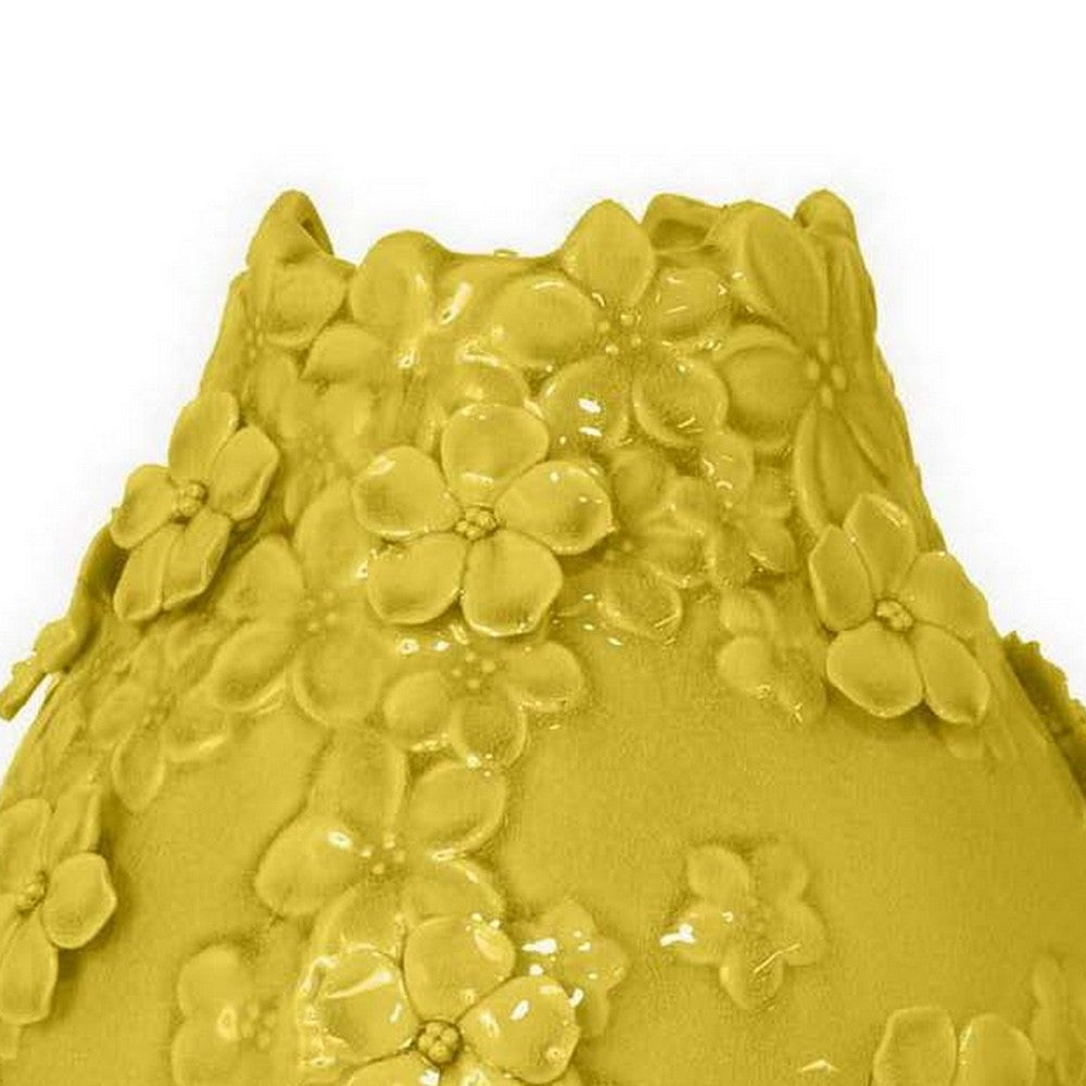 Remi Flower Vase, Decorative Yellow Ceramic w Floral Motifs, 11 Inch -BM331349