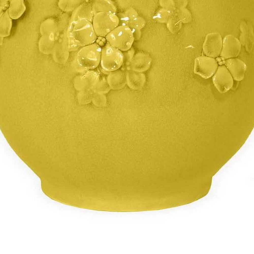 Remi Flower Vase, Decorative Yellow Ceramic w Floral Motifs, 11 Inch -BM331349