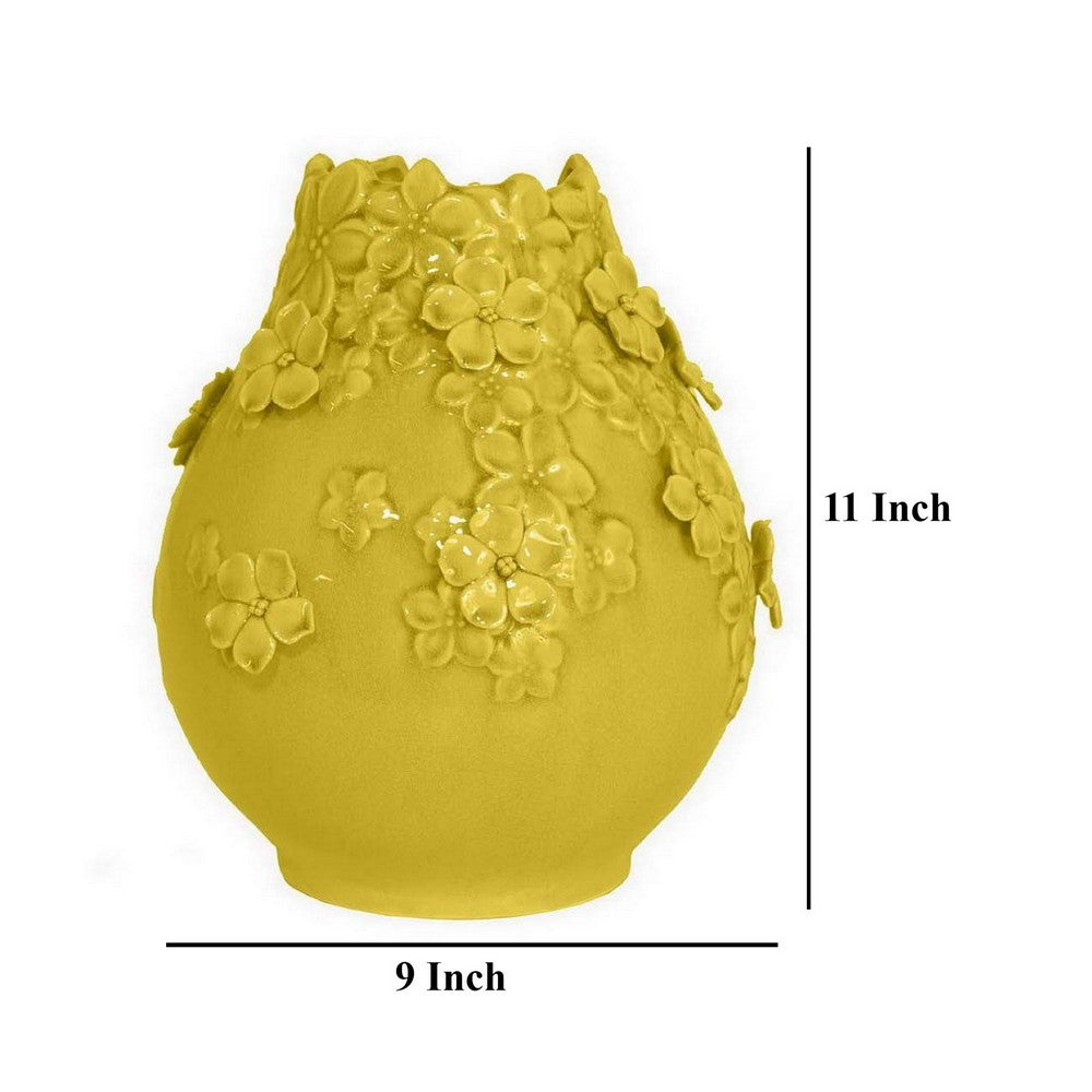 Remi Flower Vase, Decorative Yellow Ceramic w Floral Motifs, 11 Inch -BM331349