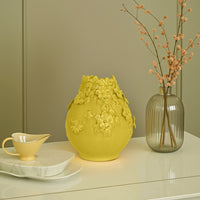 Remi Flower Vase, Decorative Yellow Ceramic w Floral Motifs, 11 Inch -BM331349