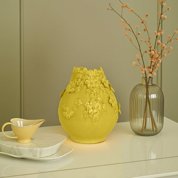 Remi Flower Vase, Decorative Yellow Ceramic w Floral Motifs, 11 Inch -BM331349