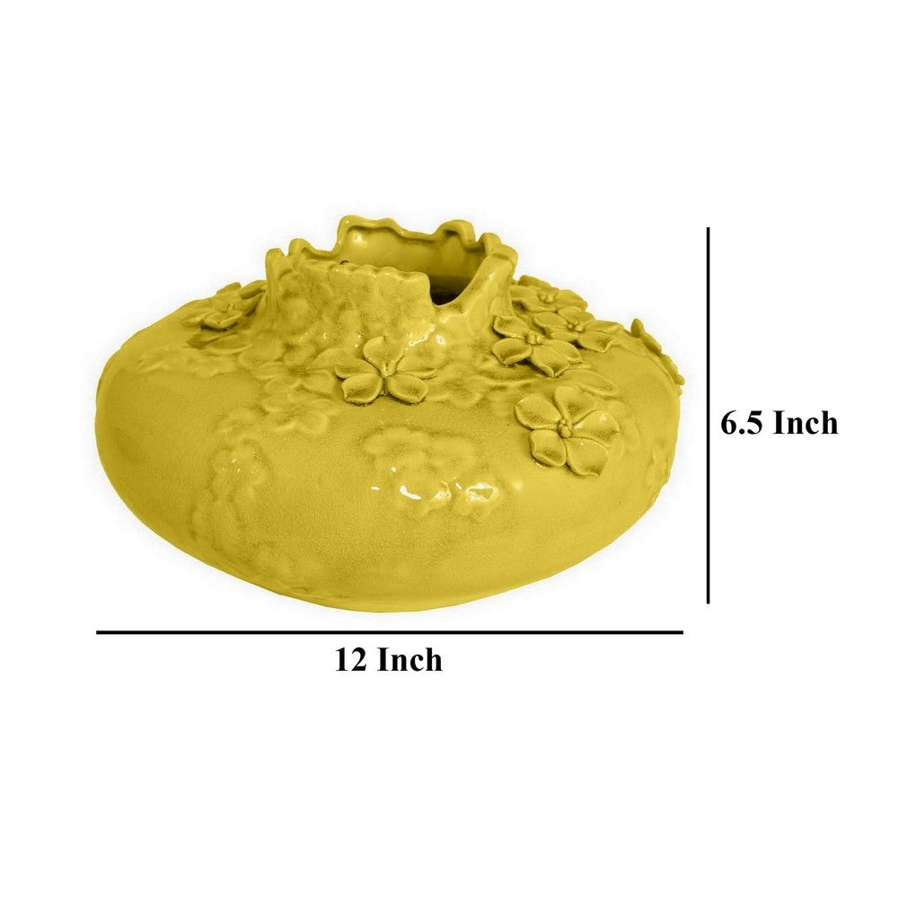 Remi Flower Vase, Decorative Yellow Ceramic w Floral Motifs, 12 Inch -BM331350