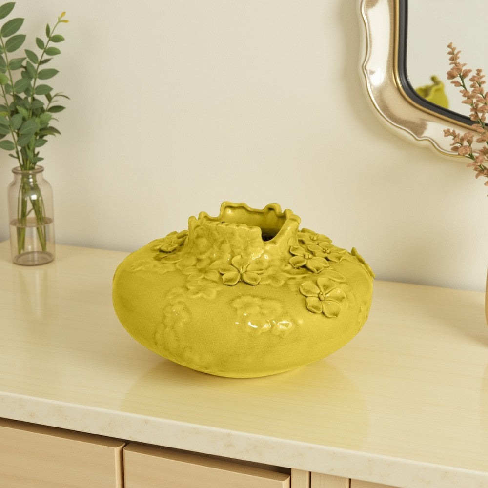 Remi Flower Vase, Decorative Yellow Ceramic w Floral Motifs, 12 Inch -BM331350
