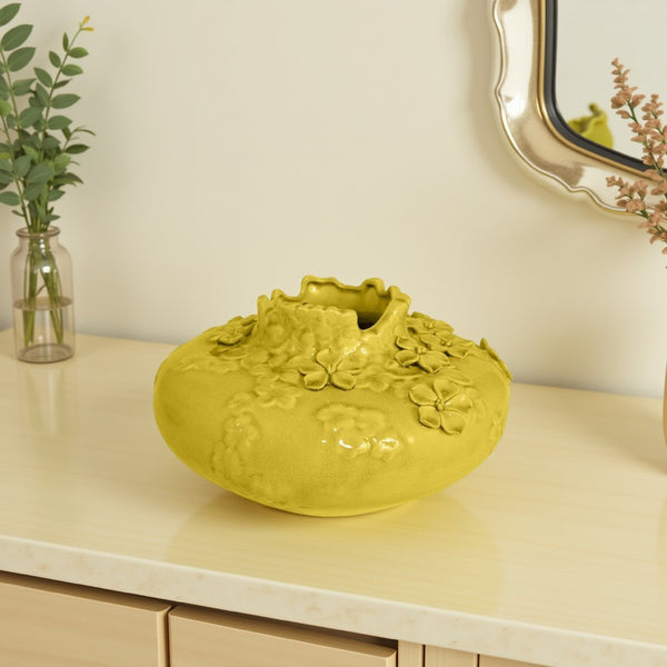 Remi Flower Vase, Decorative Yellow Ceramic w Floral Motifs, 12 Inch -BM331350