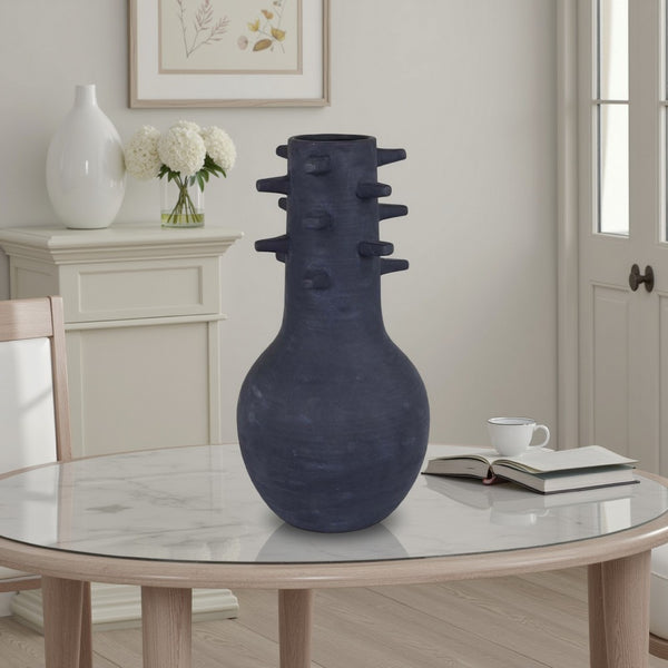 Enya Flower Vase, 3D Spiked Accent Narrow Neck, Black Ceramic, 18 Inch -BM331352