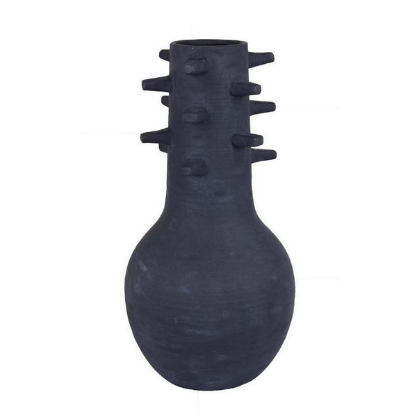 Enya Flower Vase, 3D Spiked Accent Narrow Neck, Black Ceramic, 18 Inch -BM331352