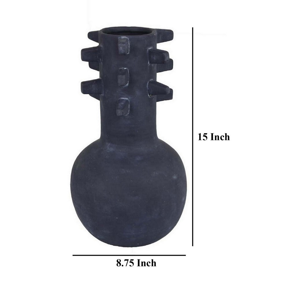 Enya Flower Vase, 3D Spike Accent Narrow Neck, Black Ceramic, 15 Inch -BM331353